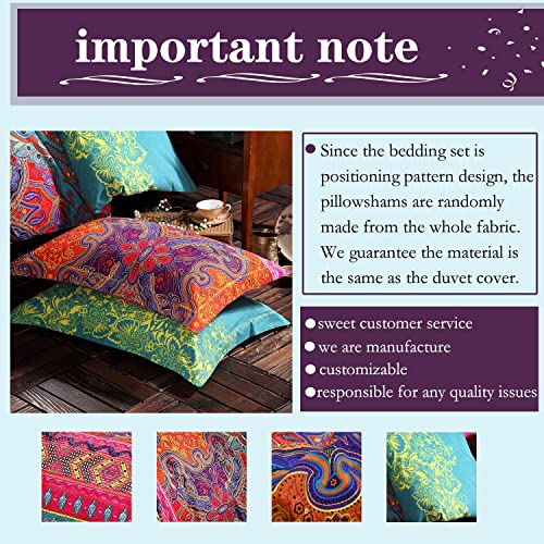 Boho Queen Duvet Cover Set with Pillowshams - Reversible Mandala Print, Red & Teal, 100% Cotton, Dark Red Variation