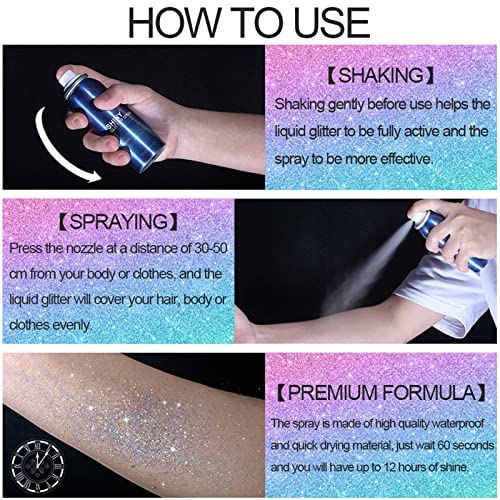 Face and Body Glitter Spray for Women, Temporary Glitter Hairspray Shimmer Makeup for Mardi Gras Singer Concerts Music Rave Festival Accessories, Up to 8 Hour, Holo Silver, 2oz