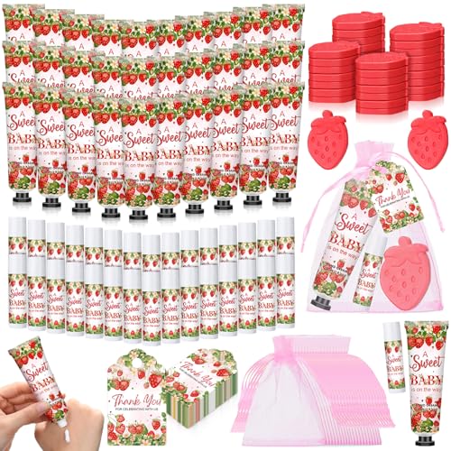 Loopeer 30 Set/150 Pcs Strawberry Baby Shower Favors for Guests Gifts Hand Cream Lip Balm Soap Party Favors Gifts Travel Size with Organza Bags, Thanks You Card for Baby Shower Birthday Wedding