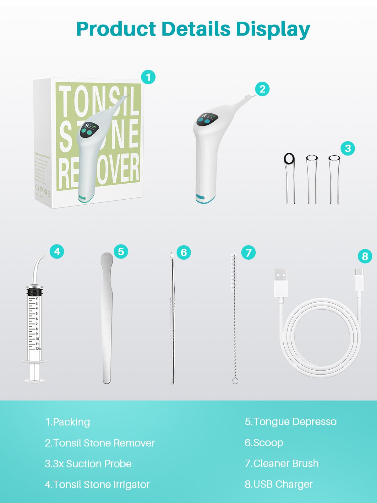 Voraiya Electronic Tonsil Stone Remover Upgraded Version, Built-in Camera and LED Light, 5-Level Suction and 2 Suction Modes Tonsil Stone Vacuum Cleaner, Oral Care Tool, Tonsil Stone Removal Kit