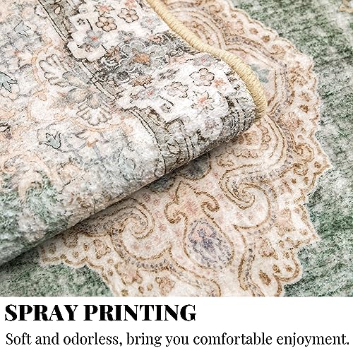 Green 5'x7' Washable Boho Area Rug Non-Slip Low-Pile Floral Accent