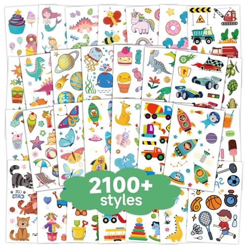 EMOME 2100+ Styles Tattoos for Kids, 168 Sheets Temporary Tattoos for Kids Party Favors Birthday Decorations, Mermaid Truck Dinosaur Tattoos Stickers for Girls Boys, Halloween Goodie Bag Stuffers