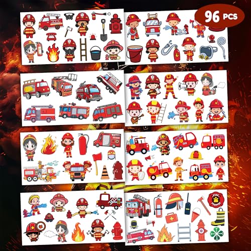 96 PCS Firefighter Fireman Temporary Tattoos Sticker Car Fire Truck Themed Birthday Party Decorations Favors Supplies Gifts Boys Girls Baby Shower Adult Cute Tattoo School Prizes Reward Themed