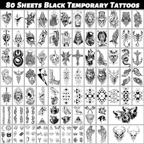 winthrop 80 Sheets Tiny Temporary Tattoos for Adult ? Black Theme Waterproof Body Art Realistic Tattoos Stickers, Include Lion Wolf Tiger Owl Skeleton Skull