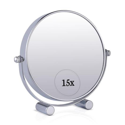 Small 15X Magnifying Tabletop Mirror for Makeup - Double Sided 15x and 1x Portable Make Up Mirror for Desk, Dressing Table and Retail Store - 6" Wide & 6.7" Tall (Chrome)