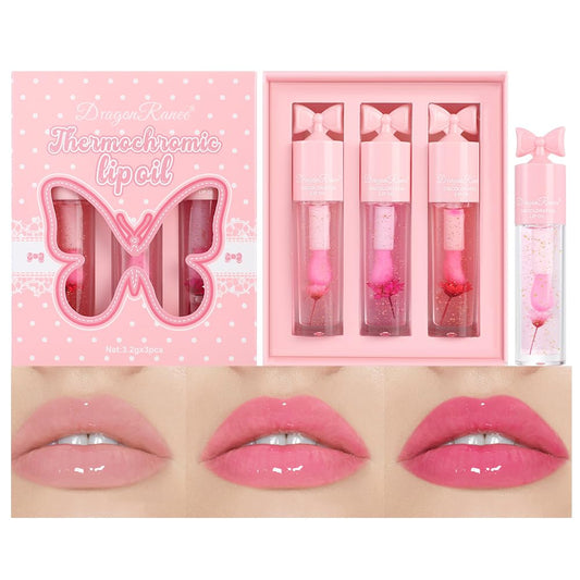 3Pcs Color Changing Lip Oil Set with Flowers & Gold Foil – pH Thermochromic Mood Lip Gloss, Hydrating Magic Lipstick, Long Lasting Moisture Tint Balm, Clear to Pink Color Shift Lipgloss for Women