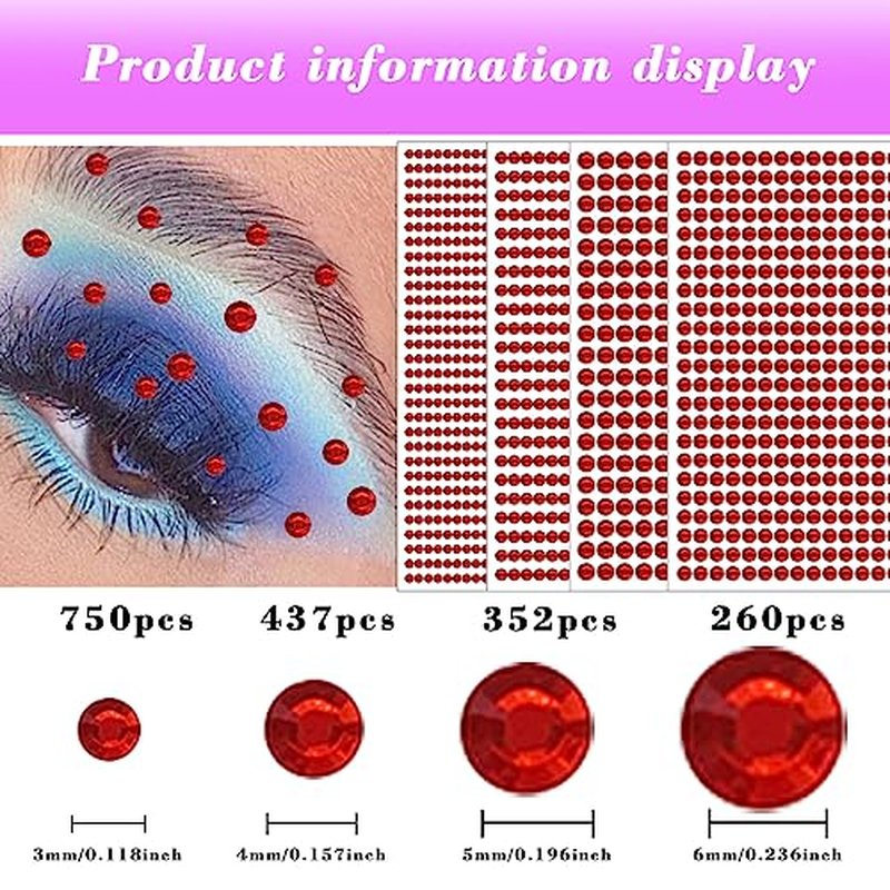 1799 Pcs 4 Sheets Rhinestone Stickers 3/4/5/6 mm Self Adhesive Rhinestones Gems for Face Eyes Makeup Hair Body (Red-3/4/5/6mm)