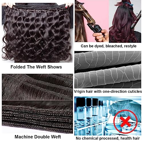 Brazilian Body Wave Hair Bundles with Closure 16 18 20 + 14 Inch Natural Color
