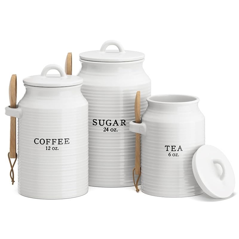 Barnyard Designs Ceramic Kitchen Canister Set, White (Coffee, Sugar, Tea) - Set of 3 - Tea/Coffee/Sugar Variation