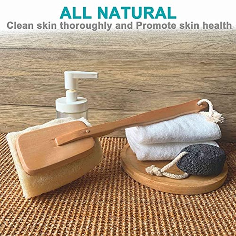2 Pack Natural Exfoliating Loofah luffa loofa Bath Brush On a Stick - with Long Wooden Handle Back Brush for Men & Women - Shower Sponge Body Back Scrubber
