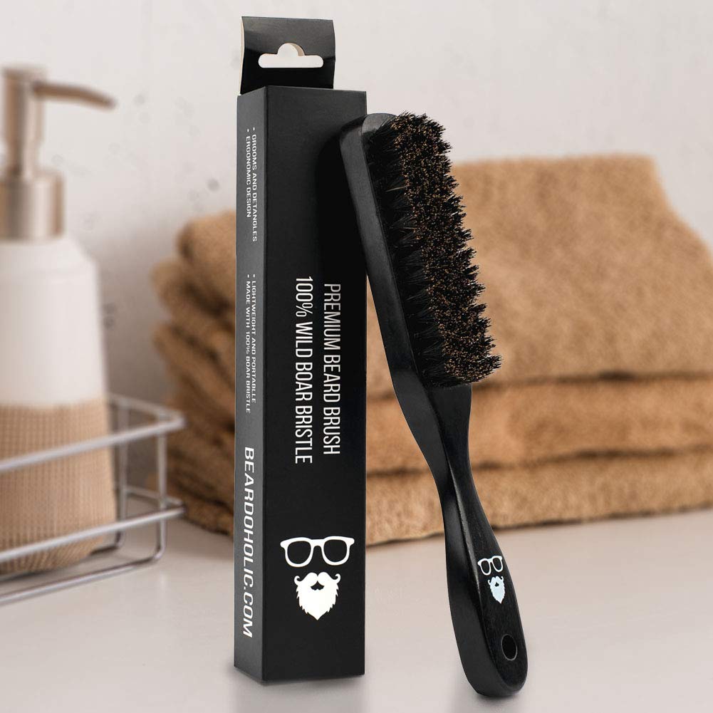 Beardoholic Beard Brush Black - 100% Boar Bristles and Durable Bamboo Handle - Removes Tangles, Beard Dandruff, Ingrown Hairs and Detangles Loose Hairs with Ease - Long Lasting