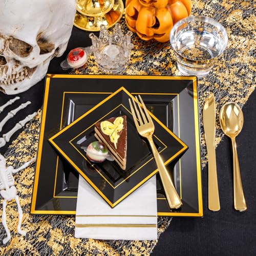 Black and Gold Disposable Plastic Plate Set for 50 Guests - Square Dinnerware with Cups, Cutlery, Napkins - Perfect for Weddings & Halloween 50 Guests