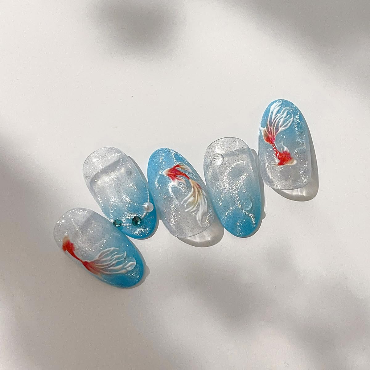 5D Embossed Koi Fish Nail Stickers Self-Adhesive Goldfish Nail Art Stickers Sparkly Koi Pearl Rhinestones Designs Cute Nail Art Supplies Glitter Nail Decals for Women Girls Acrylic Nail Salon DIY