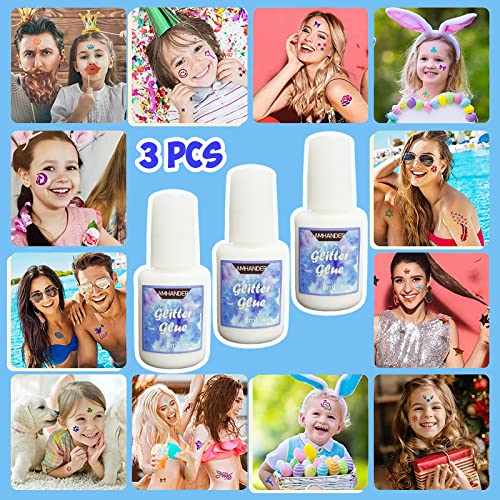 Temporary Tattoo Glue - Yomagine 8ml Glitter Glue Brush Bottle, Water Soluble Body Painting Glue, Ideal for Halloween, Carnival, Birthday Party, Theme Party, Costume Events & Makeup Artists (3 Pcs)