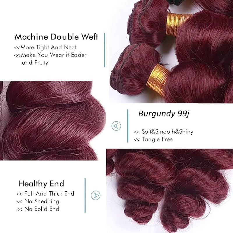 Wine Red Loose Wave Hair Extensions - 99J Burgundy Human Hair Bundles 24-28 Inch, 3 Bundles