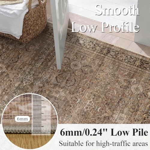 Brown 8x10 Vintage Washable Area Rug for Living Room - Distressed Floral Pattern
