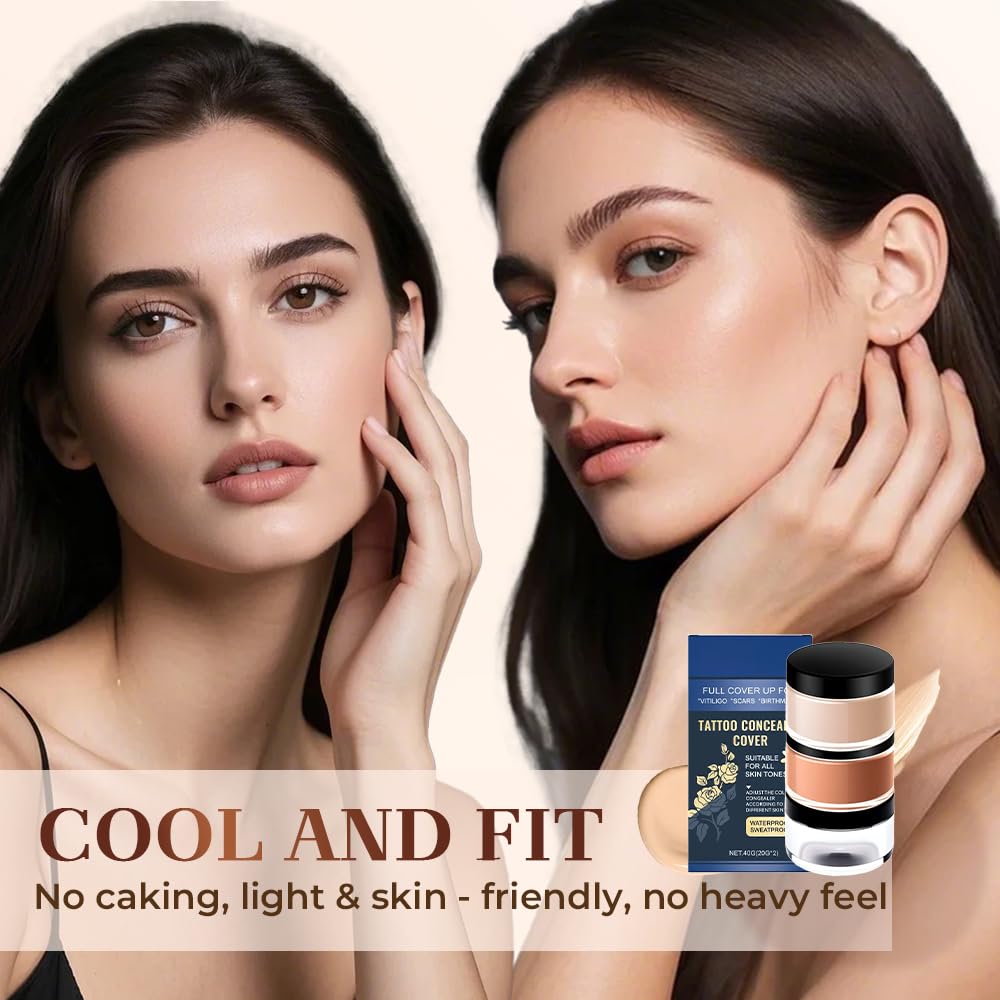Tattoo Cover Up Makeup Waterproof, 2025 New 2 Colors Full Coverage Concealer for Tattoos, Tattoo Concealer Makeup Full Coverage Concealing Cream, Scars & Dark Spots, Sweatproof (3 pcs)