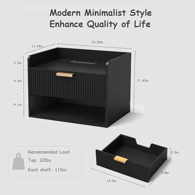 Floating Nightstand Set with Charging Station - 2 Pack, Black