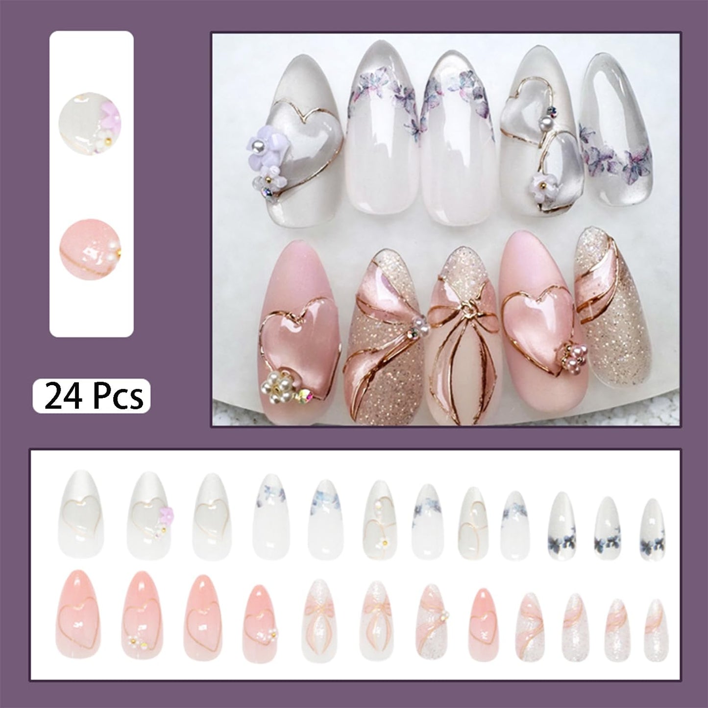 24pcs Pink Press on Nails Medium Almond Fake Nails with Small Flower Rhinestones Pearl Designs French False Nails Bow Stick on Nails Summer Floral Acrylic Nail Tips Full Cover Glue on Nails for Women
