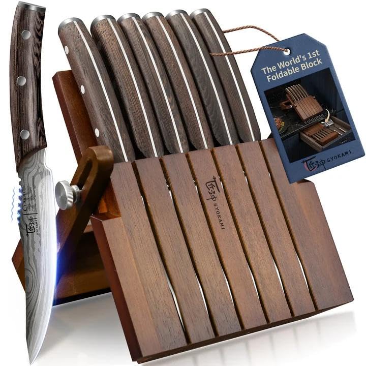 Foldable Steak Knife Set of 6 with Acacia Wood Block - Safe & Sharp Kitchen Knives
