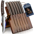 Foldable Steak Knife Set of 6 with Acacia Wood Block - Safe & Sharp Kitchen Knives