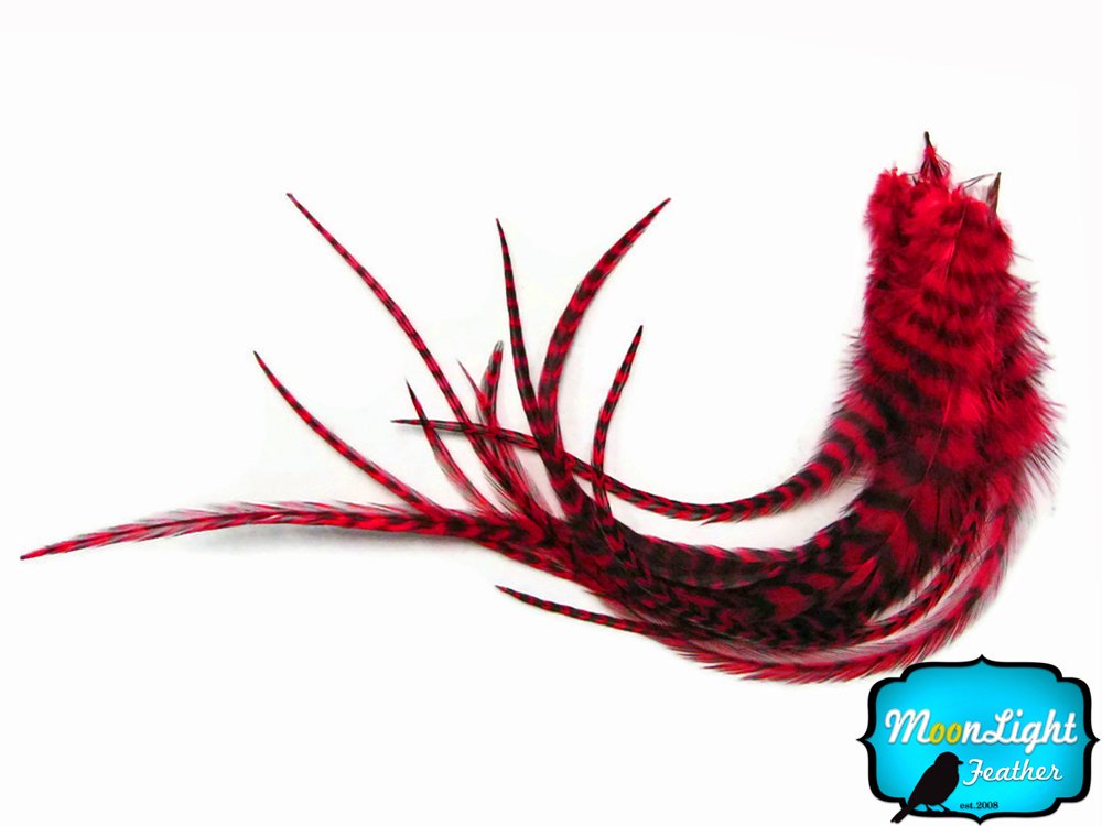 Moonlight Feather, Hair Extension Feathers; 6 Pieces - XL Red Grizzly Thick Extra Long Rooster Hair Extension Feathers