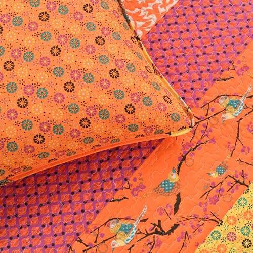 King Reversible Cotton Quilt Set - Tangerine Striped & Floral Bedding - Boho Decor