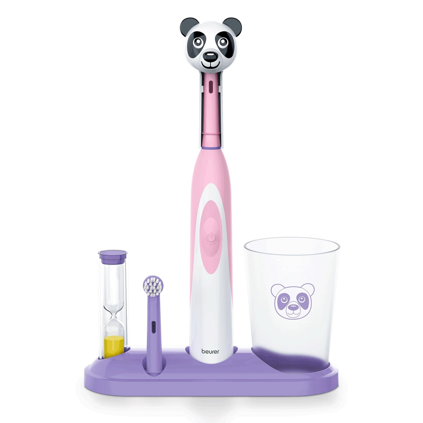Beurer TB10 Kids Electric Toothbrush Kit - Fun Polly The Panda Cap with 2 Extra-Soft Brush Heads to Help Remove Plaque, 2 Minute Timer, and Rinse Cup, BPA-Free, Safe for Ages 3+