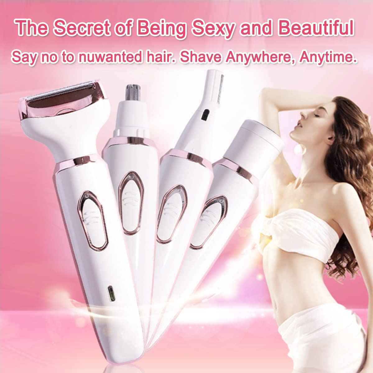 Electric Razor for Women,Hair Trimmer for Face Nose Eyebrow Beard Mustache Arm Leg Armpit Bikini,Painless Rechargeable Portable 4 in 1 Womens Body Shavers Set