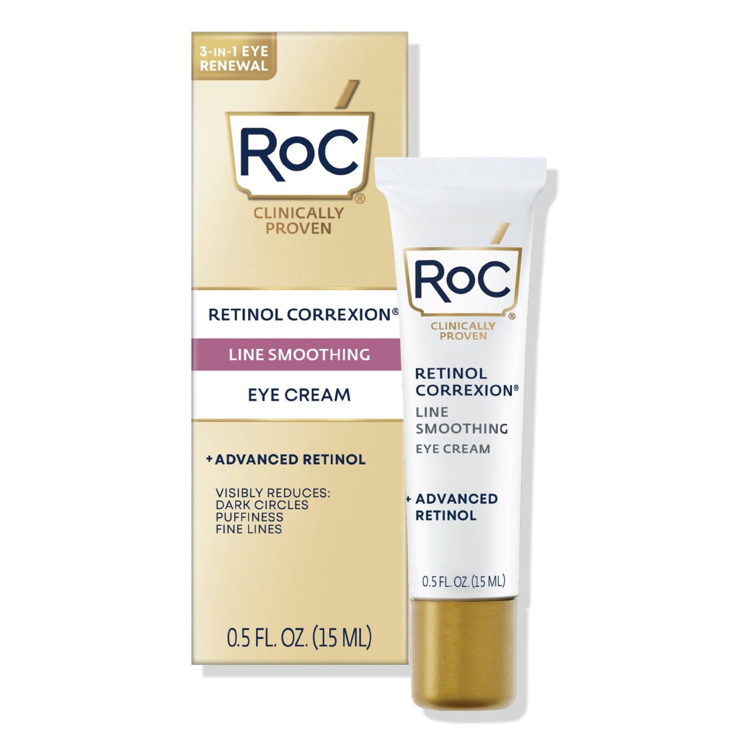 RoC Retinol Correxion Under Eye Cream for Dark Circles & Puffiness, Daily Wrinkle Cream, Anti Aging Line Smoothing Skin Care Treatment for Women and Men, 0.5 oz (Packaging May Vary)