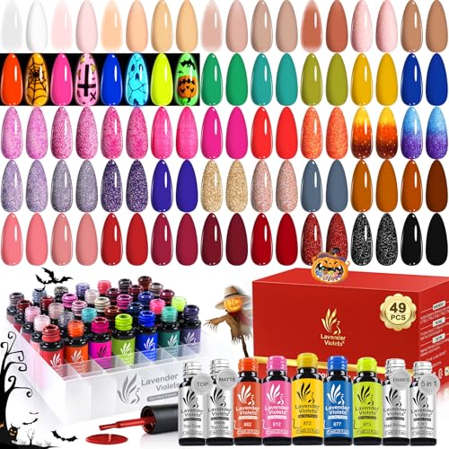 Lavender Violets 49pcs Gel Nail Polish Set 45 Colors Neon Glow in the Dark Effect with Nail Primer Builder Base Coat Glossy & Matte Top Coat Jelly Shades for Halloween Nail Art Design A950