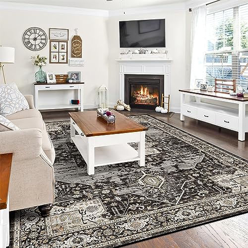RUUGME 8x10 Black Washable Area Rug Vintage Style Non Slip Carpet for Living Room and Bedroom