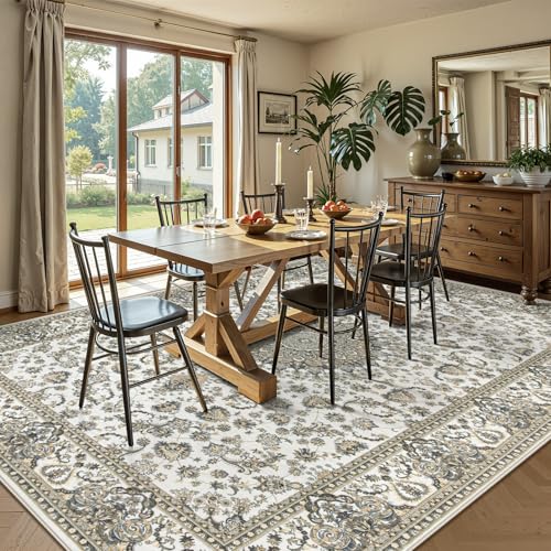 Zomfy Beige Brown 8x10 Vintage Floral Area Rug Non-Slip Washable Carpet for Living Room