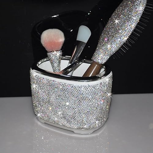 Luxury Bling Rhinestone-Embellished Makeup Organizer Box Storage ? Large Capacity Cosmetic Brush Lipstick Eyebrow Pencil Storage Box and Desktop Organizer Rack (Silver)