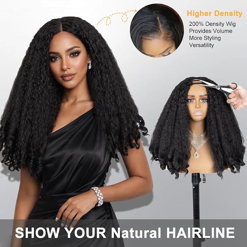 Tmlkhl Black Afro V Part Curly Wig 20 Inch Kinky Curly Synthetic Hair