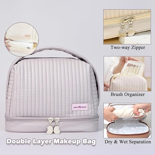 Makeup Bag Set of 3, Toiletry Bag for Women, Small Makeup Bag for Purse, Cute Quilted Cosmetic Bag for Travel, Gift for Women, Light Purple