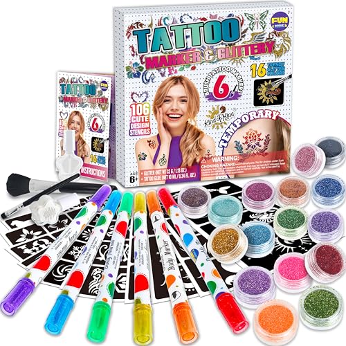 Kids Temporary Tattoo Kit with Glitter, Stencils & Body Markers - FunKidz