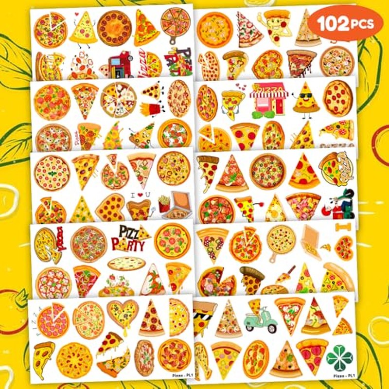 102 PCS Pizza Temporary Tattoos Themed Birthday Party Decorations Favors Supplies D?cor Cute Pie Slice Fast Food Tattoo Stickers Gifts For Boys Girls Class Prizes Rewards Cartoon Carnival