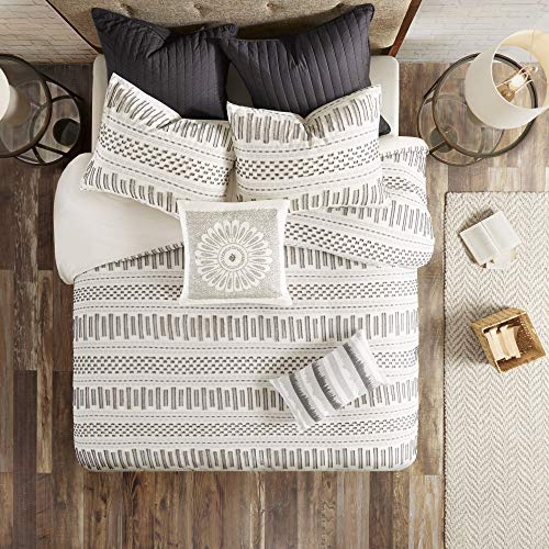 King Comforter Set with Matching Shams - Rhea Cotton Jacquard Geometric Design - Ivory & Charcoal - Comforter and Sham Set - All Season Cozy Bedding