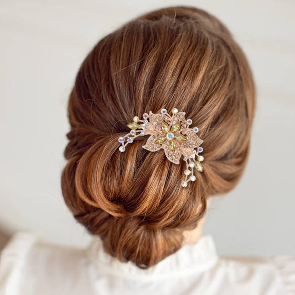 inSowni 6 Pack Luxury Glitter Sparkly Jeweled Gems Rhinestones Decorative Gold Metal Hair Side Combs Slides with Teeth Hair Bun Clips Updo Accessories Crystal Flower Hair Pin Barrettes for Women Girls