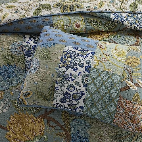 Reversible Cotton Bedspread Quilt Set with Shams - Rustic Patchwork, Queen Size, Sage Green, Floral / Branch Variation