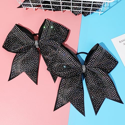 Cheerleader Hair Bows Set - Glitter Black with Rhinestones - 8 Inch, 6 Pack