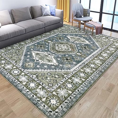 8'11" x 6' Green & Blue Boho Floral Washable Area Rug for Living Room - Vintage Distressed Non-Slip Carpet