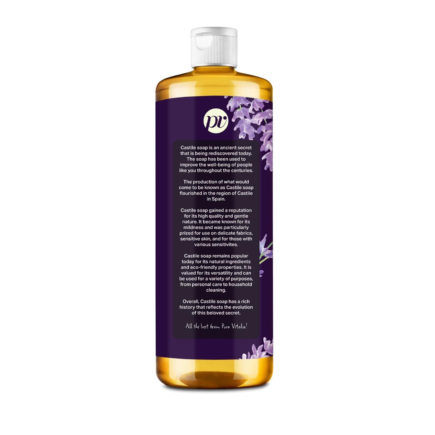 Pura Vitalia Lavender Organic Castile Soap | Body Wash & Cleanser for Face & Hands | Biodegradable, Eco-Friendly, Palm Oil Free, Vegan & Gentle | Made with 6 Natural Ingredients - 16 oz