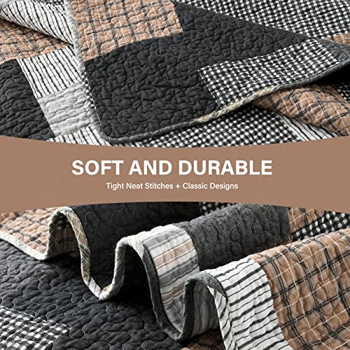 Queen 3-Piece Cotton Patchwork Quilt Set with Reversible Plaid Design - All-Season Bedding, Grey/Black/Brown/White, 90x98 inches