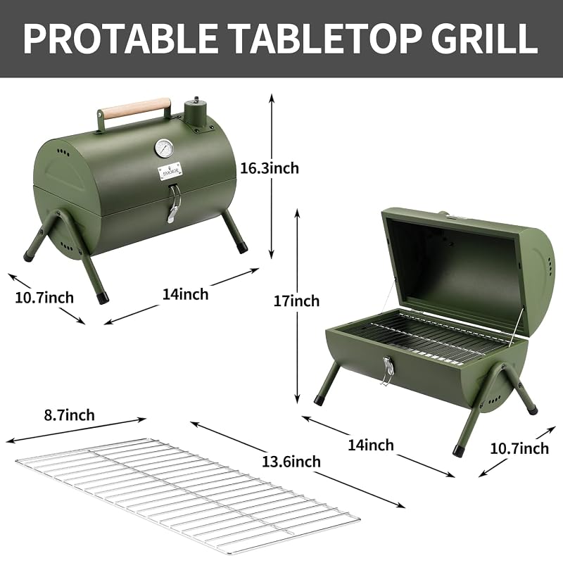 Portable Charcoal Grill for Outdoor BBQ - Green DNKMOR, Tabletop Smoker