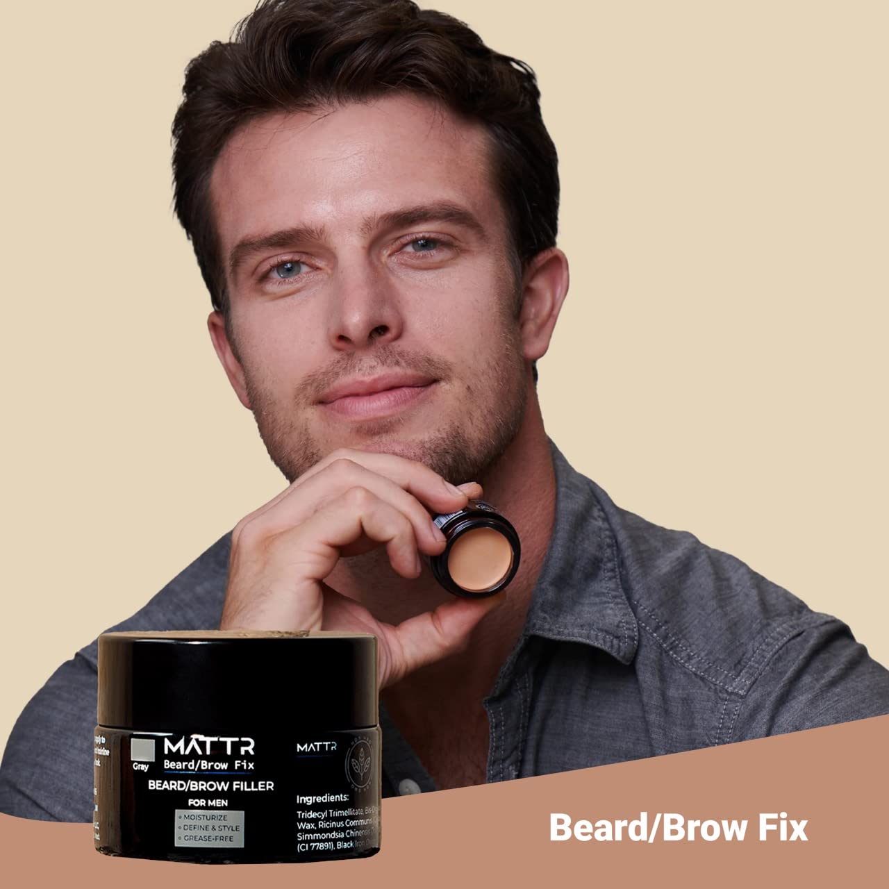 MATTR Beard Filler - Luxury - Grey Hair Coverage, Hair Filler and Growth Promoting for Patchy Beards, For Beards & Brows - Vegan Makeup - Perfect for Gym Bag or Travel - 15g (Brown)