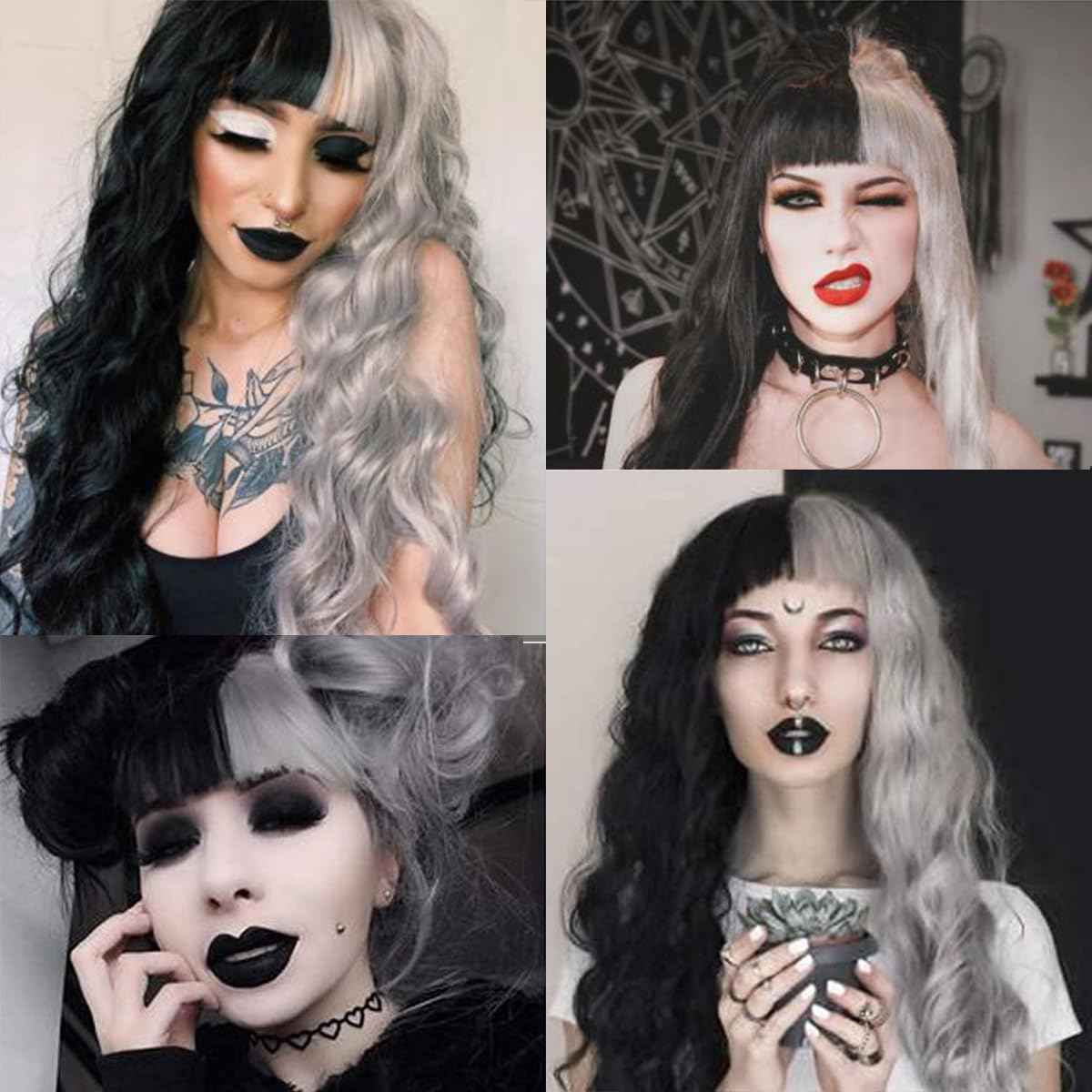 meiliprotea Long Wavy Silver Grey and Black Wig with Bangs Black Grey Split Dye Wigs for Women 26 Inches Glueless Synthetic Bangs Wig for Daily Christmas Party Cosplay Halloween Use (Black and Grey)