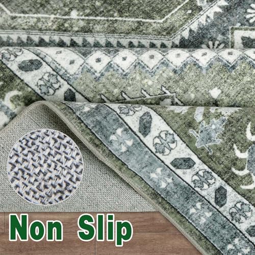 8'11" x 6' Green & Blue Boho Floral Washable Area Rug for Living Room - Vintage Distressed Non-Slip Carpet