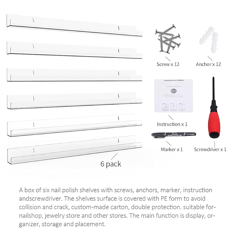 24 Inch 6 Pack Acrylic Nail Polish Rack Wall Mounted Organizer Clear 150 Bottles